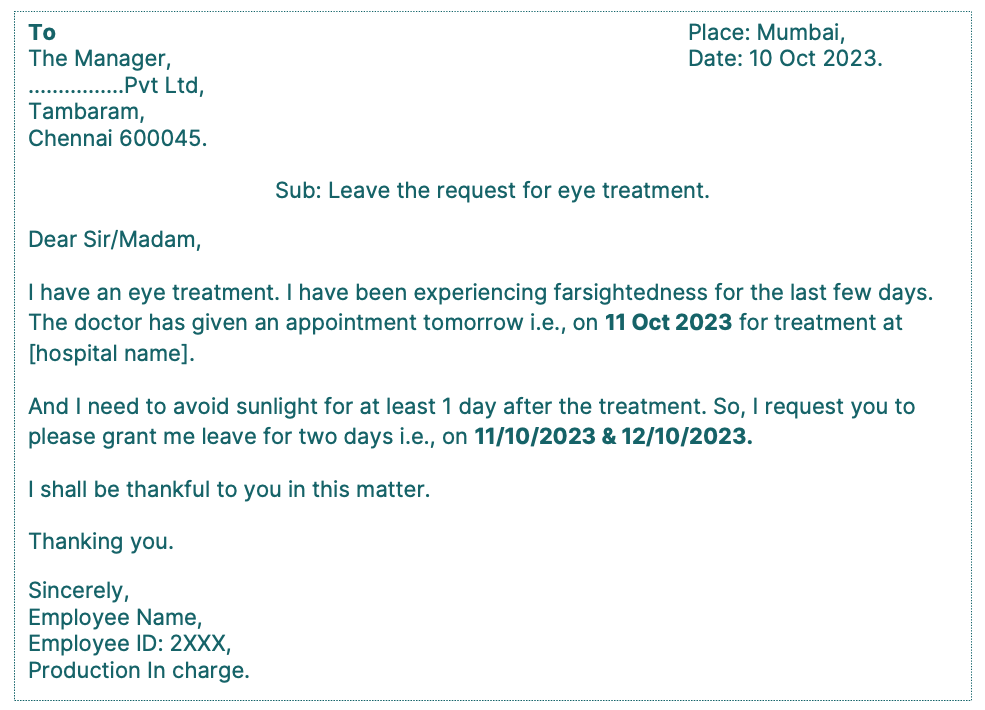 Leave Application for Eye Treatment