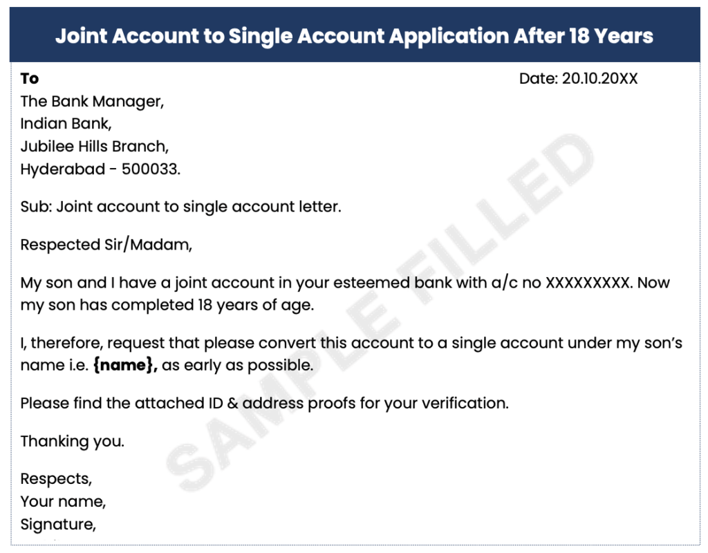 Joint account to single account application after 18 years