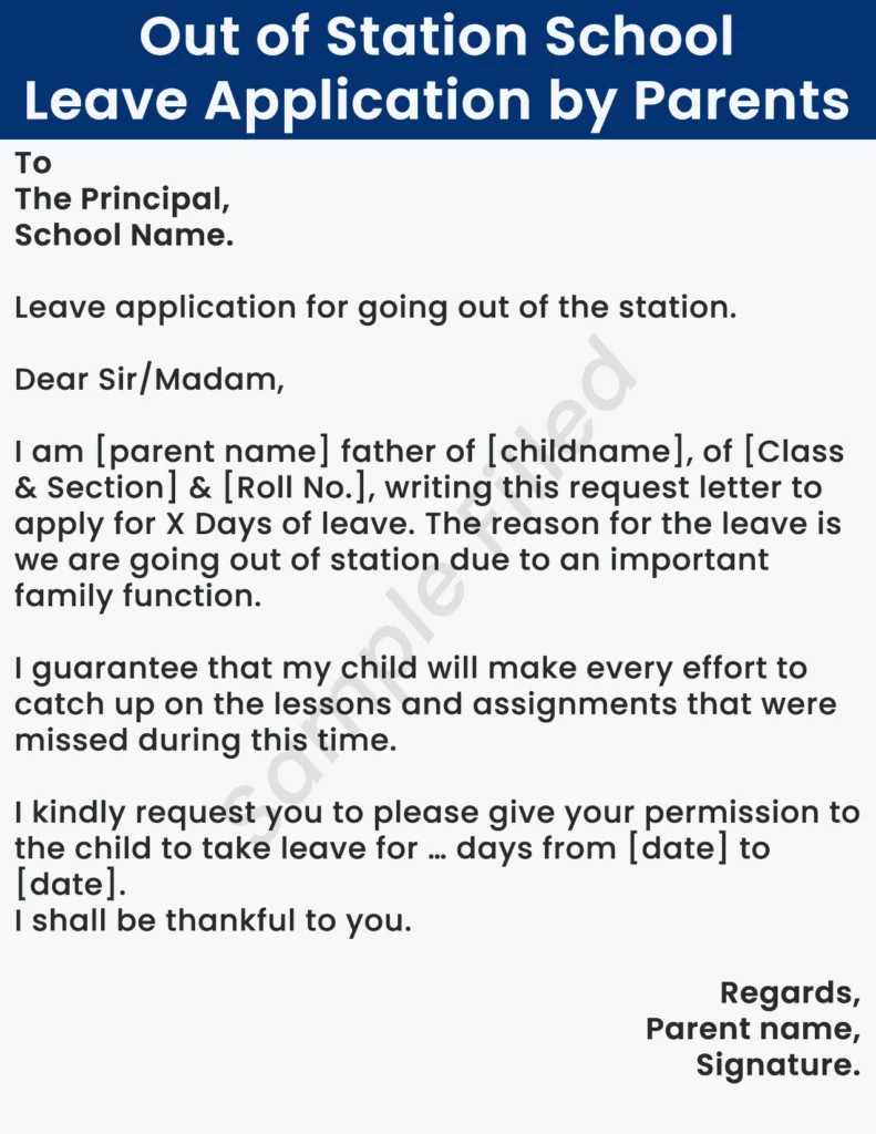 Out of Station Leave Application for School by Parents