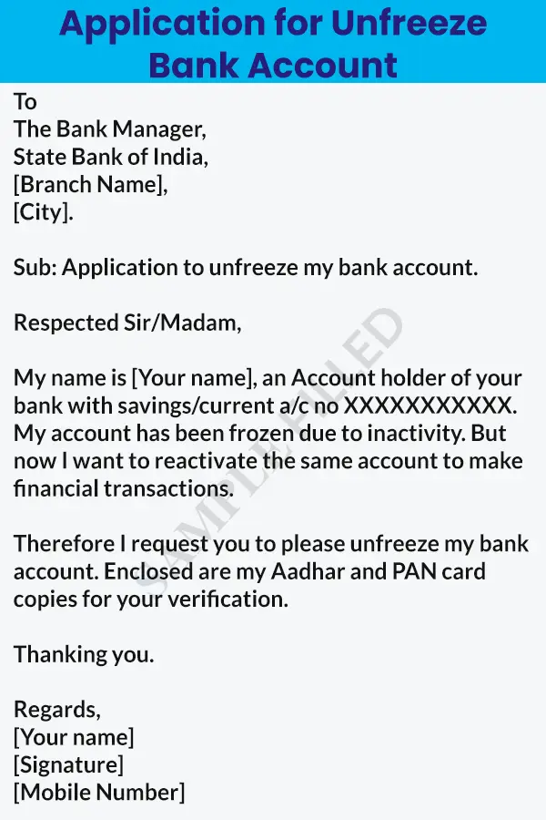 Application for unfreeze bank account SBI