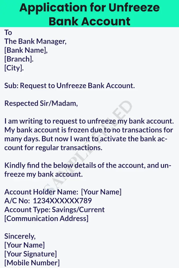 sample letter to bank manager to unfreeze account