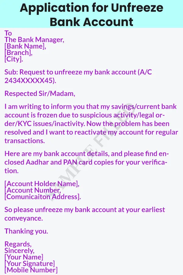 bank account unfreeze application in english
