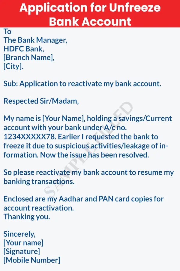 HDFC application for unfreeze bank account