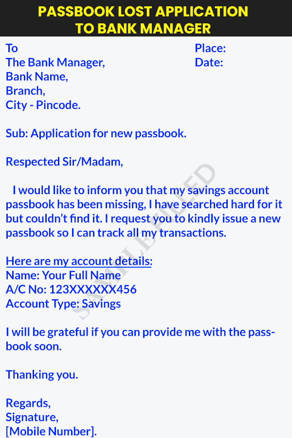Bank passbook lost application to bank manager