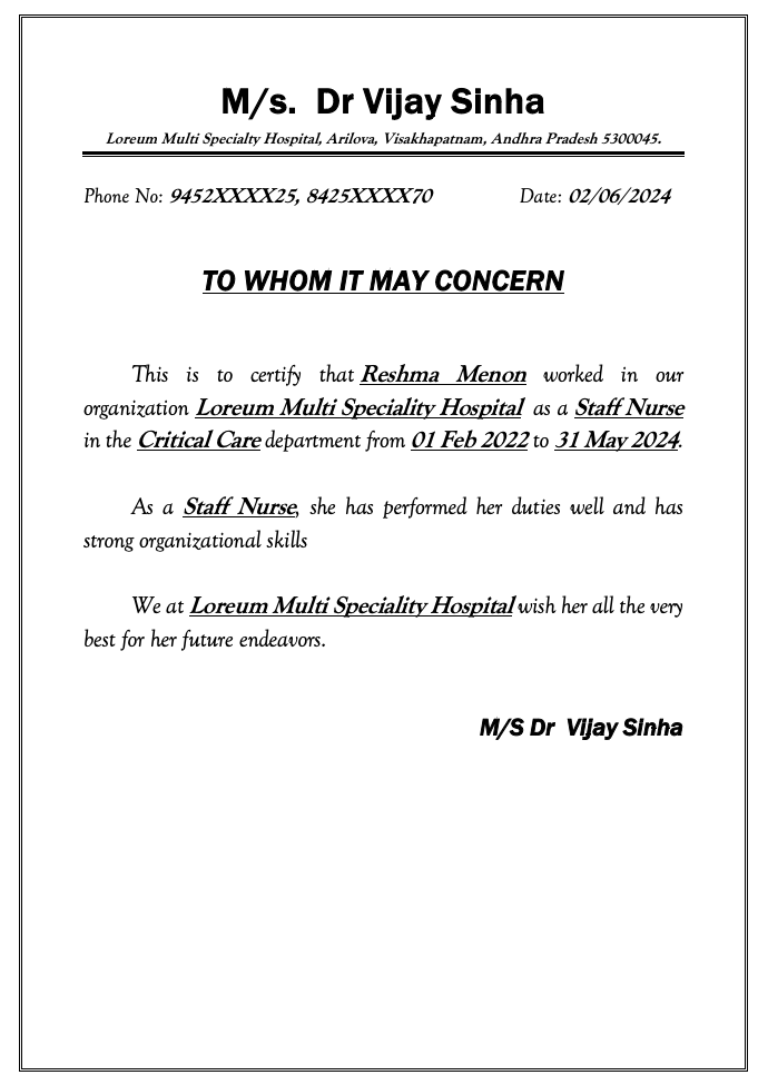 Hospital experience certificate in Word format